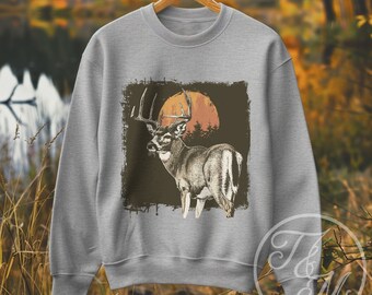 Vintage stijl whitetail herten grafisch ontwerp op zware mix sweatshirt met ronde hals, cadeaus voor hertenjacht, jachtontwerpen, cottagecore-ontwerp