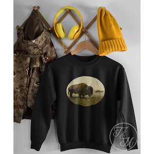 Vintage stijl Amerikaans bizonontwerp, uniseks sweater met ronde hals en zware mix