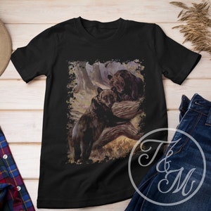 Brown Bear Vintage Animal Print Design on Unisex Heavy Cotton Tee, Rustic Countrycore Art, Bear Cootagecore Design