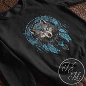 Tribal Wolf Dreamcatcher Graphic Design on Classic Black Unisex Heavy Blend Crewneck Sweatshirt