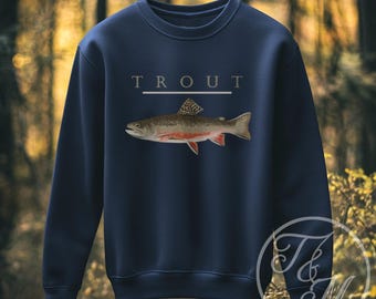 Vintage Brook Trout Fish Design on Unisex Heavy Blend Crewneck Sweatshirt, Rustic Countrycore, Trout Fishing Art, Cottagecore Fishing Gifts