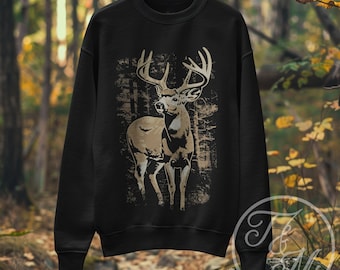 Vintage geïnspireerd grafisch ontwerp witstaarthert op zware mix sweater met ronde hals, cadeaus voor hertenjacht, Cottagecore, cadeaus voor mannen