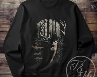 Vintage stijl witstaarthert 's nachts grafisch ontwerp op zware mix sweatshirt met ronde hals, cadeaus voor hertenjacht, jachtontwerpen, herencadeaus