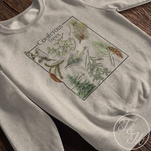 Coniferous Trees Botanical Print Unisex Heavy Blend Crewneck Sweatshirt, Botanical Cottagecore Art, Rustic Countrycore Design, Foraging Wear