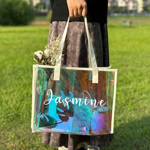 Custom Name Beach Tote Bags, Bridesmaid Holographic Tote, Wedding Party Favors, Make Up Bag, Gift For Her, Summer Vibe Bag, Clear Tote Bag