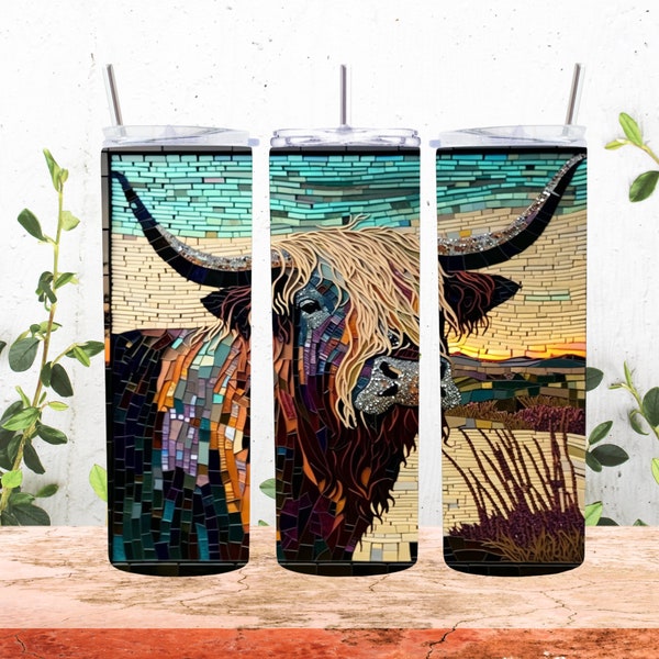 5 PNGs - 20 oz tumbler wraps - Highland Cows - Glass Mosaic