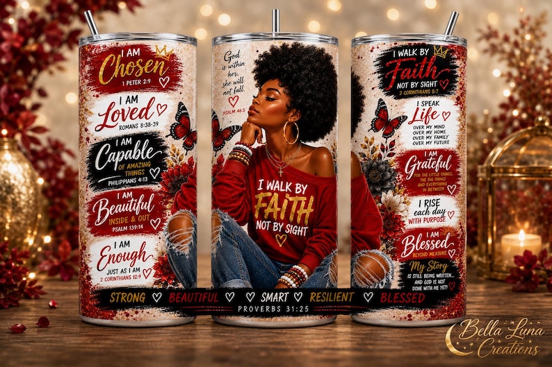 May include: A cylindrical stainless steel tumbler featuring a graphic of a person with an afro wearing a red shirt, surrounded by inspirational text including I AM CHOSEN, I WALK BY FAITH, and various scripture references, accented with red butterflies and flowers.