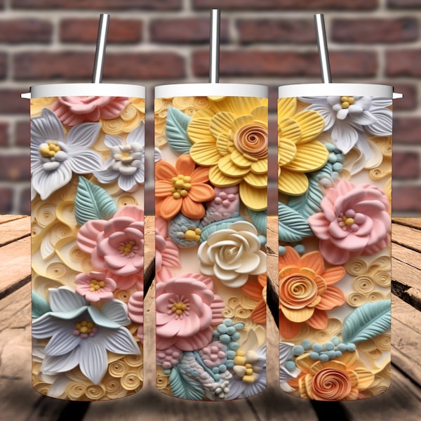 Bundle of 6 - 3D Pastel Color Flowers Tumbler Wrap for 20oz tumblers (straight format)