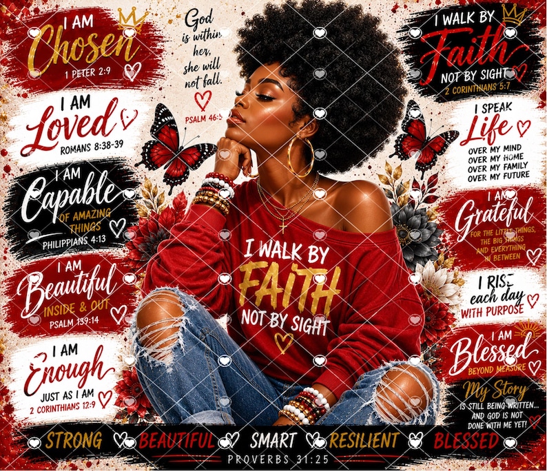 May include: A digital graphic featuring a person with an afro wearing a red long-sleeve shirt with the text I WALK BY FAITH NOT BY SIGHT. The design includes red butterflies, floral accents, and various inspirational quotes like I AM CHOSEN and I AM LOVED.