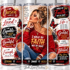 May include: A cylindrical tumbler featuring a red and black design with a central image of a person in a red long-sleeve shirt. The tumbler displays religious text including I AM CHOSEN, I WALK BY FAITH, and various Bible verses, accented with red butterflies and flowers.