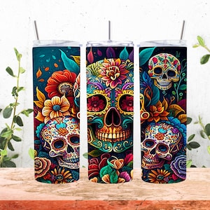 5 PNGs Bundle – 20 oz Sublimation Tumbler Wraps (gerade) – Sugar Skulls