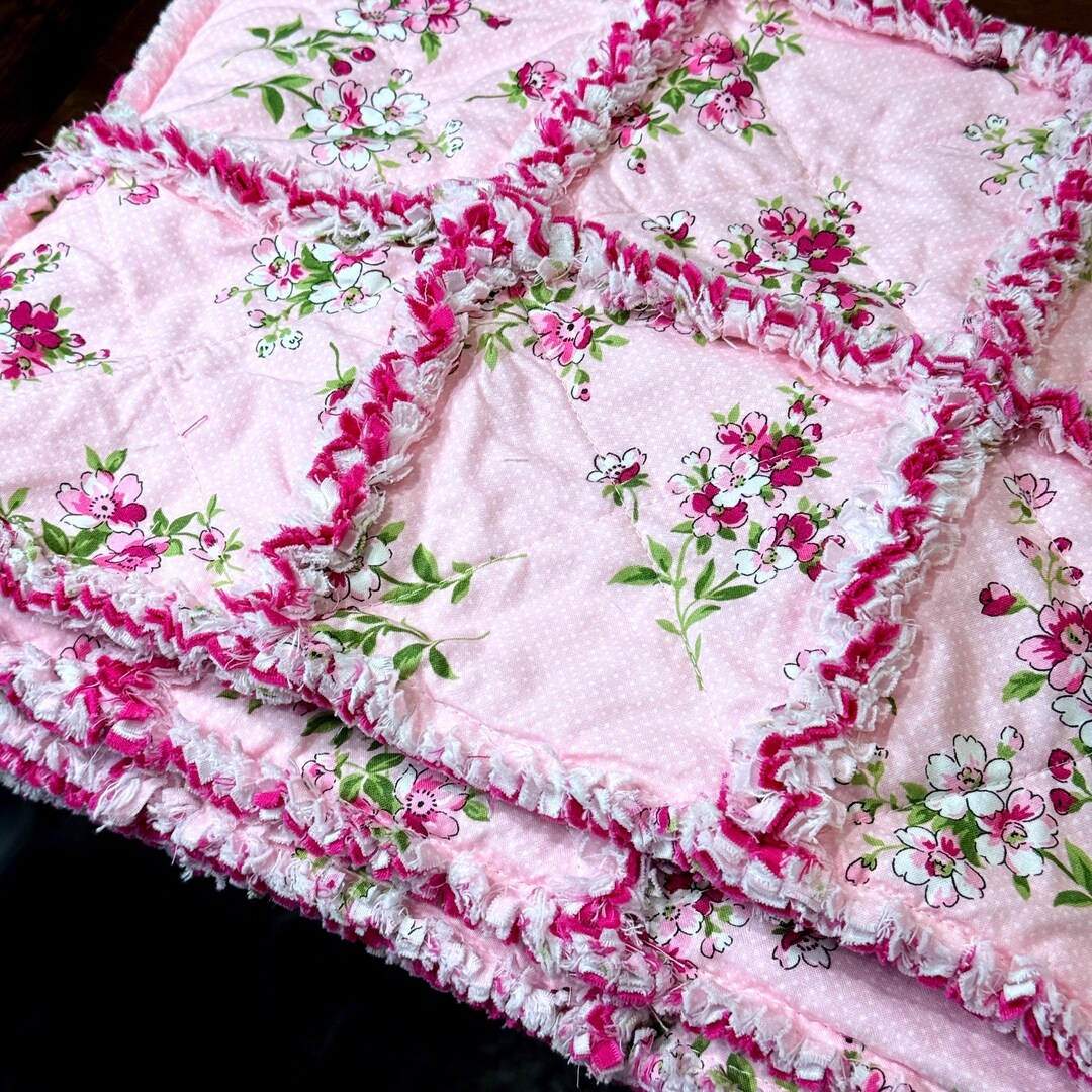 Pink Rag Quilts Pink Floral Rag Quilt – Baby Blanket, Shabby Chic Cottage Throw ...