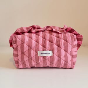 Pink & Brown Striped Handmade Quilted Frill Make-up Bag Cosmetics Travel