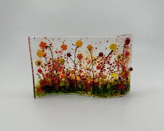 Handcrafted Fused Glass Flower Wave: Red, Orange, Yellow Meadow