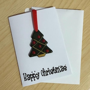 Carte de Noël avec décoration de sapin de Noël amovible, ornement, sapin de Noël, décoration à suspendre, carte, cadeau, fait main, verre fusionné
