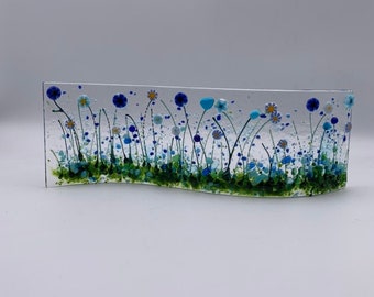Handcrafted Fused Glass Flower Meadow Wave: Blue Floral Art