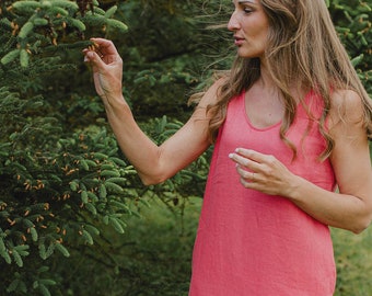 Linen midi dress  Coral color Linen Dress with Pockets  Sleeveless  dress  Summer dress Linen V-neck dress Natural linen dress with slit