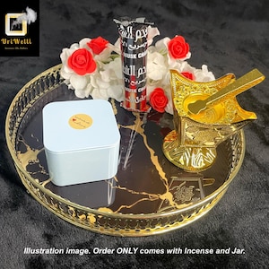 May include: A round tray with a black and gold marble effect, featuring a light blue box, a gold incense burner, and a package of incense. Red and white flowers are arranged on the tray. The image text reads "Illustration image. Order ONLY comes with Incense and Jar."