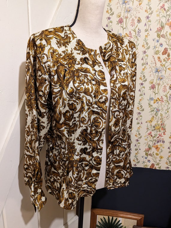 Vintage Cream and Gold Damask Print Button Up Blo… - image 2