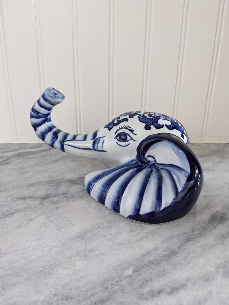 Beautiful Vintage Blue and White Ceramic Elephant Head Wall Decor Etsy