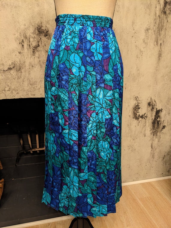 Blue Teal Floral Pleated Vintage Skirt - image 2