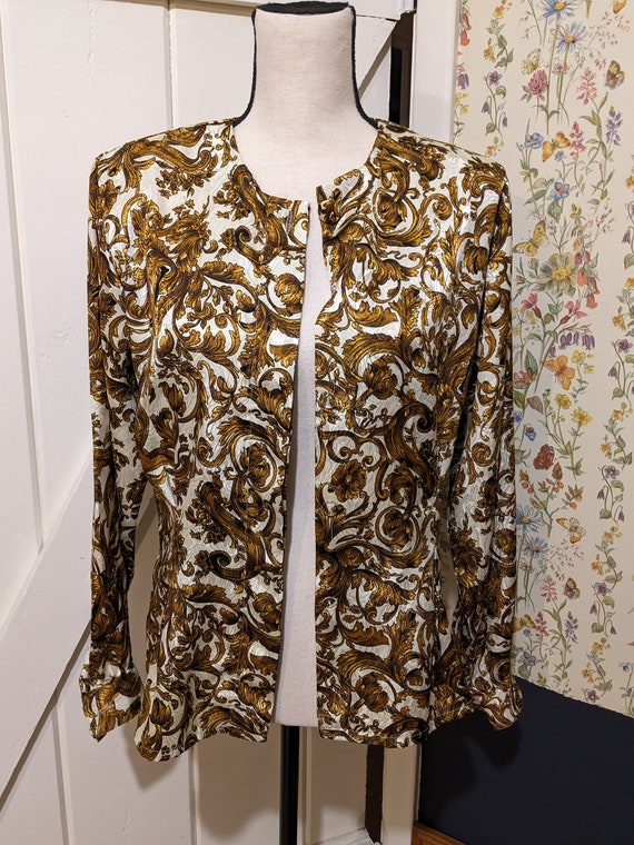 Vintage Cream and Gold Damask Print Button Up Blo… - image 1