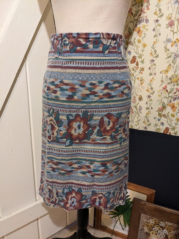 Vintage Denim Floral Southwest Pattern Midi Skirt