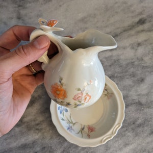 Small Vintage Porcelain Takahashi Flowers and Butterfly Pitcher