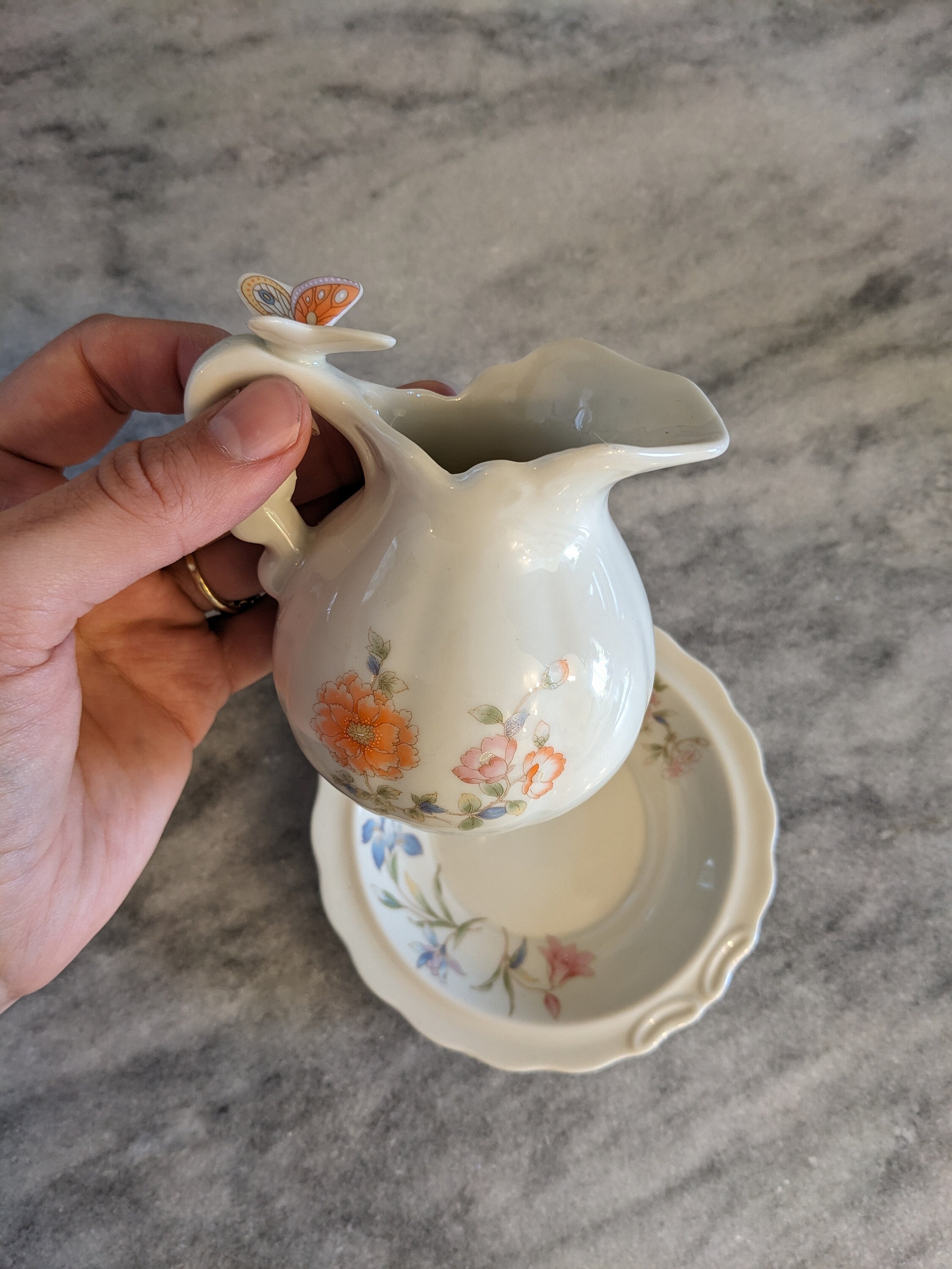 Small Vintage Porcelain Takahashi Flowers and Butterfly Pitcher