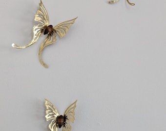 Set of 3 Vintage Brass Wood Butterflies