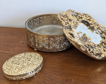 Antique Gold Filigree Mirrored Glass Jewelry Box Storage Container with Travel Mirror