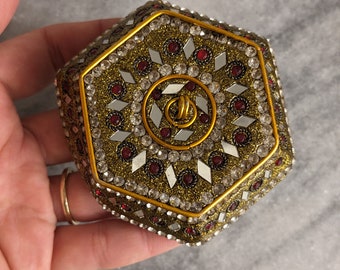 Vintage Handmade Gold Glitter Jewels Hexagon Trinket Jewelry Gift Box
