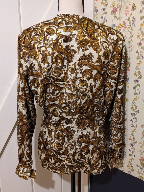 Vintage Cream and Gold Damask Print Button Up Blo… - image 4