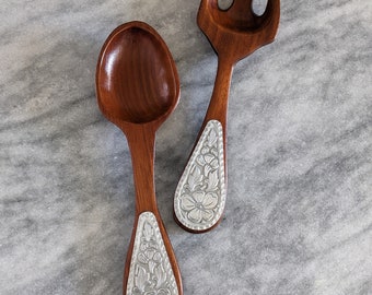 Handmade Wooden Fork and Spoon with Metal Flower Details