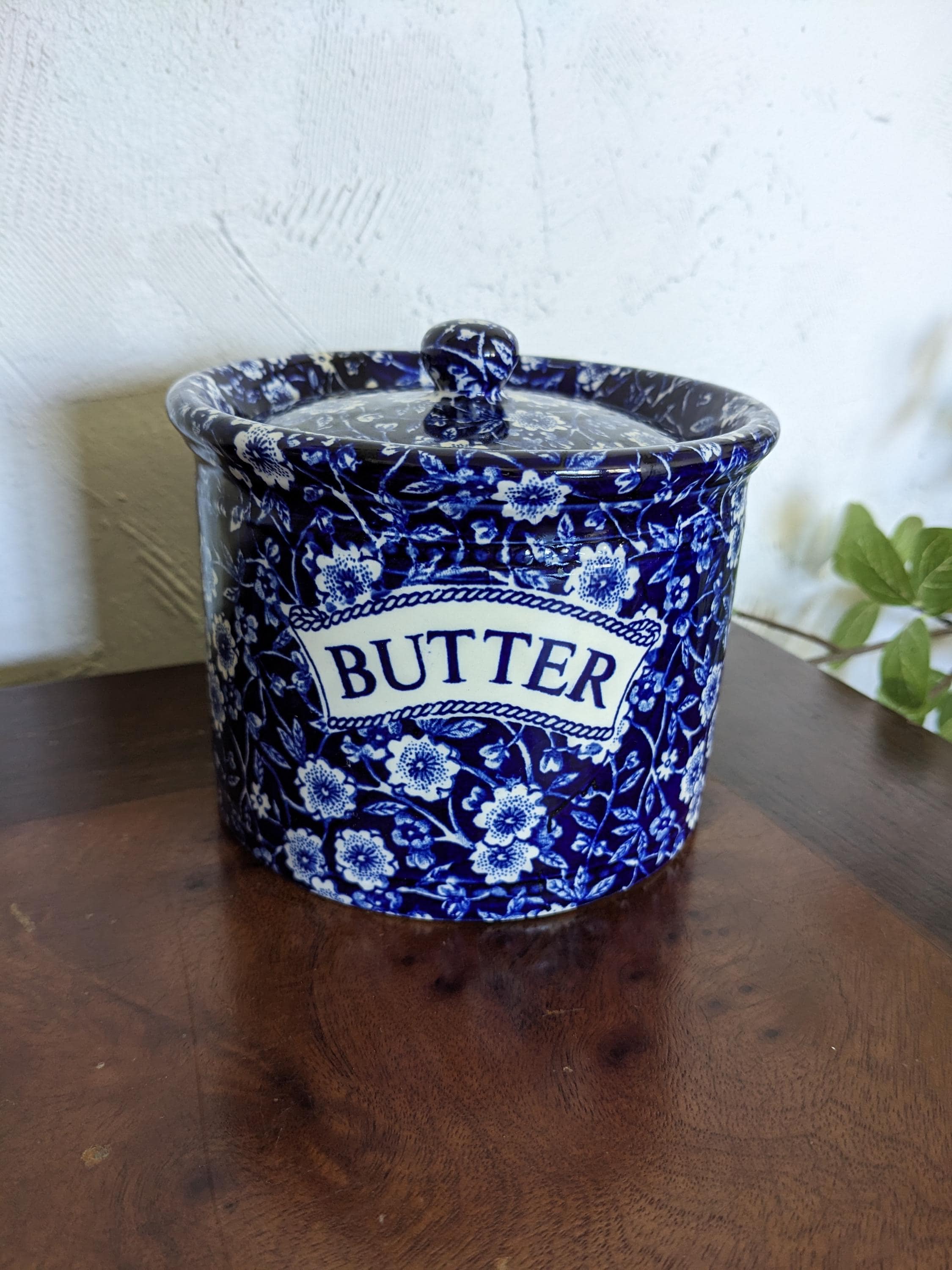 Vintage Blue Calico Burleigh Round Butter Canister Dish With Lid