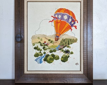 Hot Air Balloon Vintage Framed Crewel Embroidery