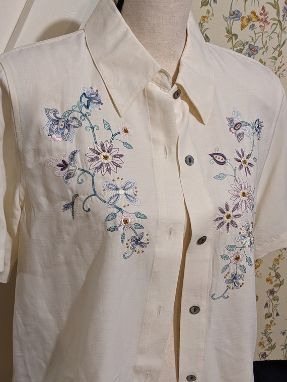 Vintage Cream Flower Embroidered Button Up Shirt - image 6