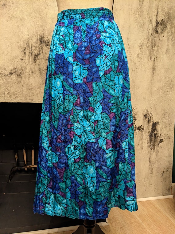 Blue Teal Floral Pleated Vintage Skirt - image 3