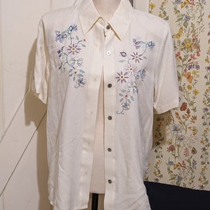 Vintage Cream Flower Embroidered Button Up Shirt image 1