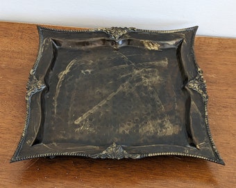 Hammered Ornate Square Brass Footed Tray