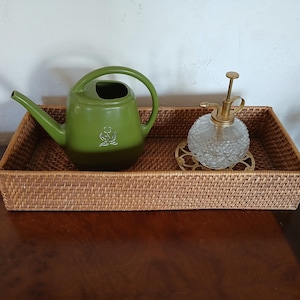 Puede incluir: Una bandeja rectangular tejida contiene una regadera verde con un asa curva y un atomizador de vidrio transparente con una parte superior dorada. La bandeja está hecha de material tejido marrón claro.