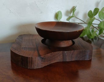 Juego de bandeja y cuenco decorativos de madera de nogal hechos a mano, estilo vintage.