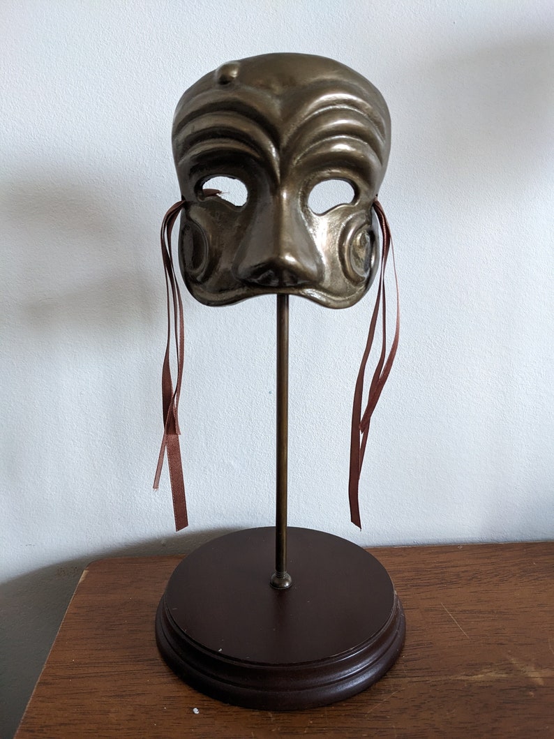 Vintage Brass Theater Masquerade Mask on Stand image 1