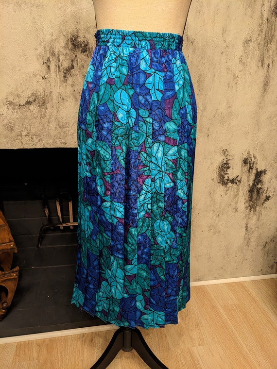 Blue Teal Floral Pleated Vintage Skirt