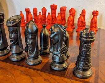 Ornate Ceramic Black and Red Chess Pieces