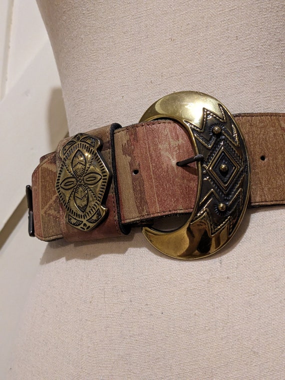 Leather Southwestern Large Brass Buckle Belt