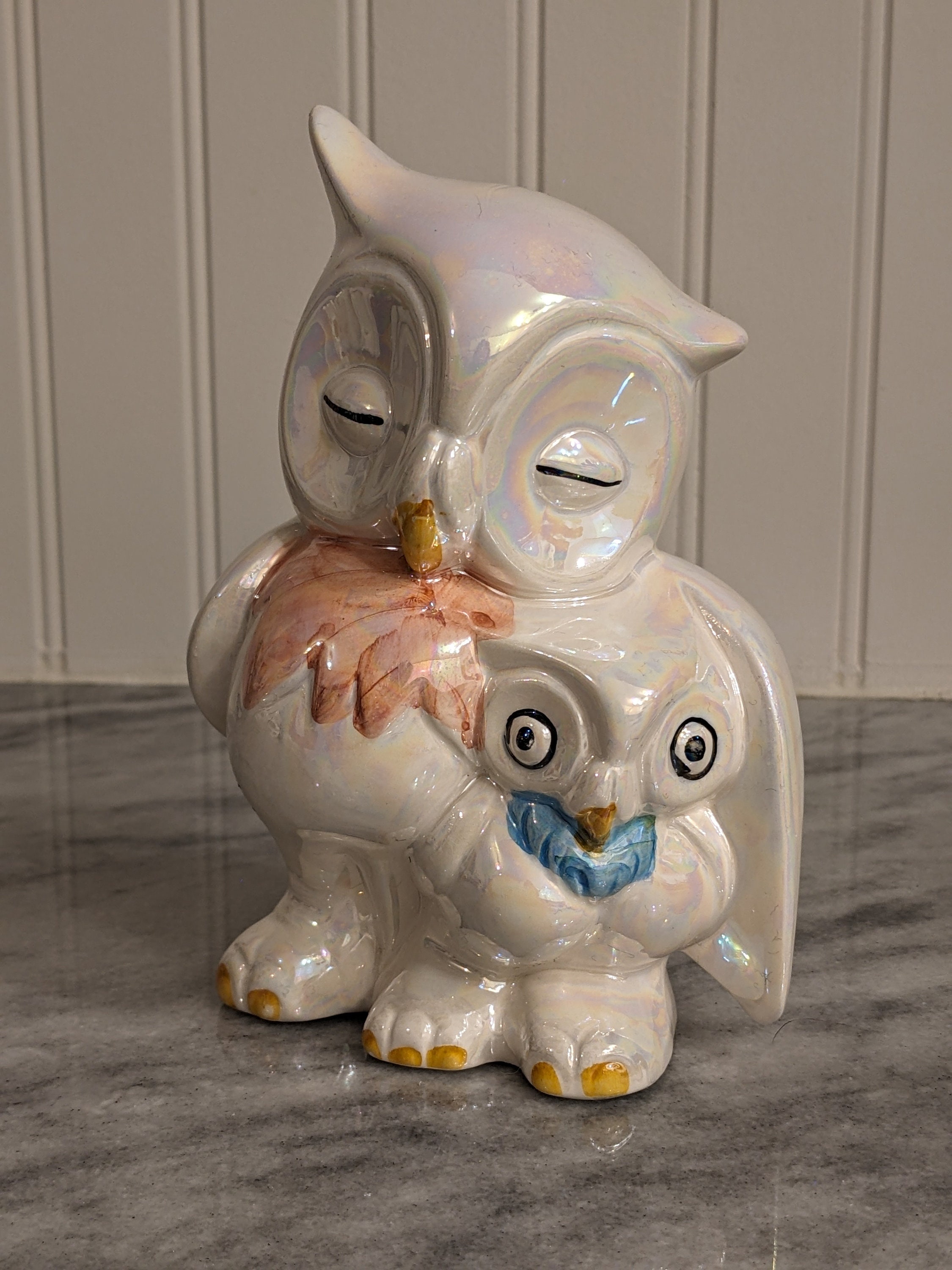 Vintage Lusterware Mother and Baby Owl Ceramic Figurine