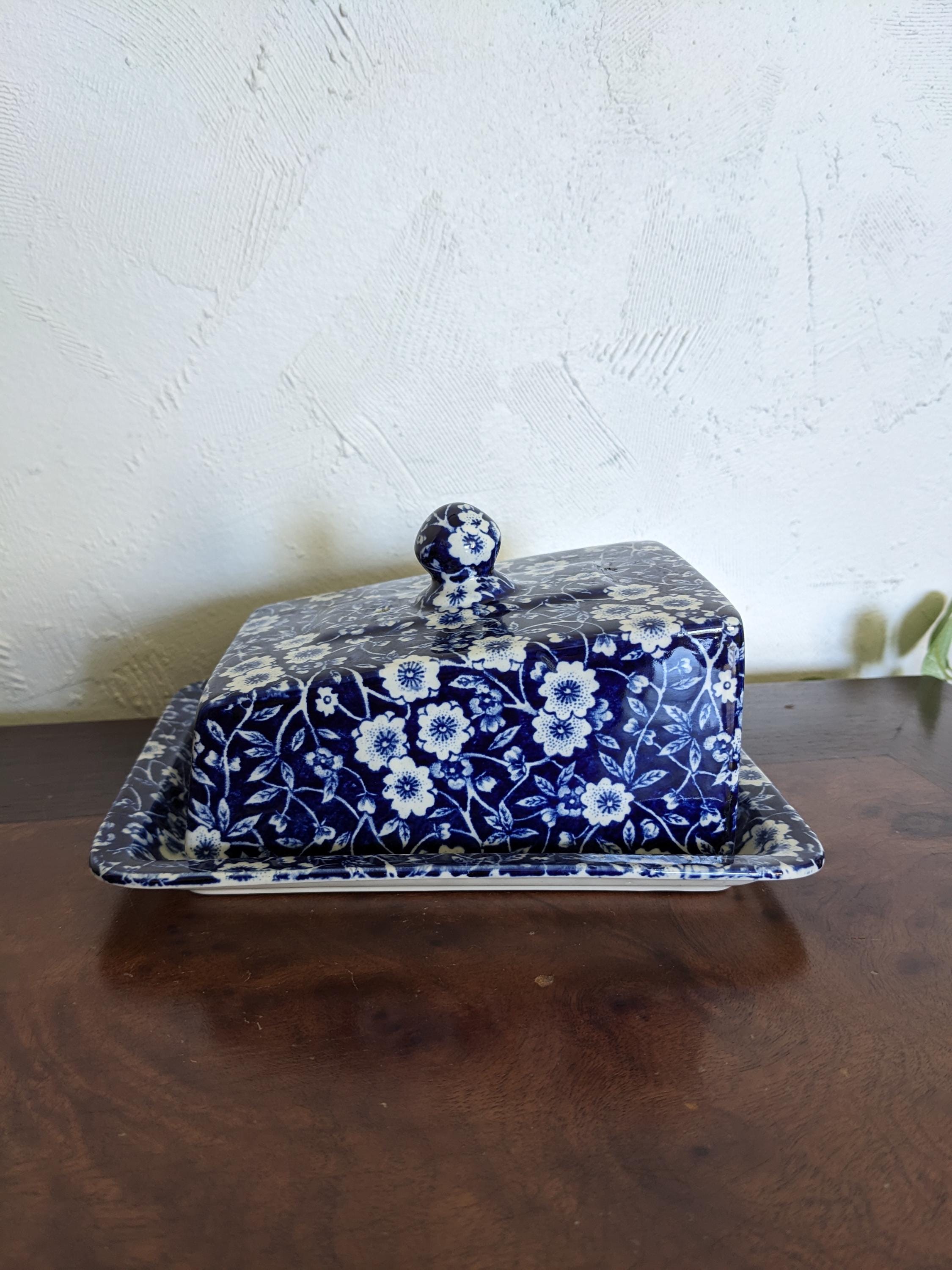 Vintage Blue Calico Burleigh Staffordshire Covered Cheese Dish
