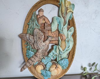Vintage 1970s Syroco Wicker Framed Blue Floral Picture Wall