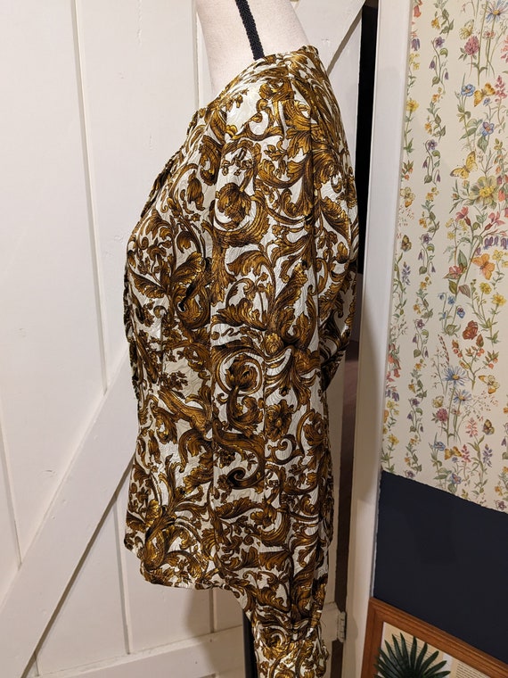 Vintage Cream and Gold Damask Print Button Up Blo… - image 3